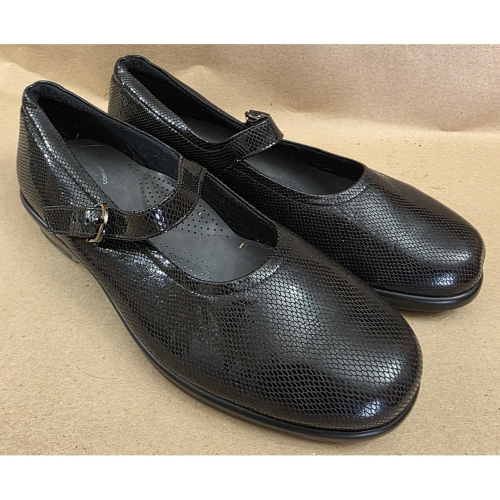 SAS (Sz 10.5 W) Maria Mary Jane Shoes Women's Black Snake Print Leather Comfort